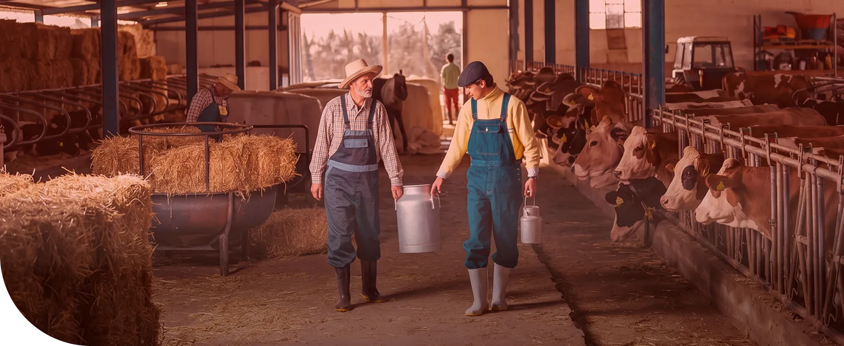 Farmers and cows in barn